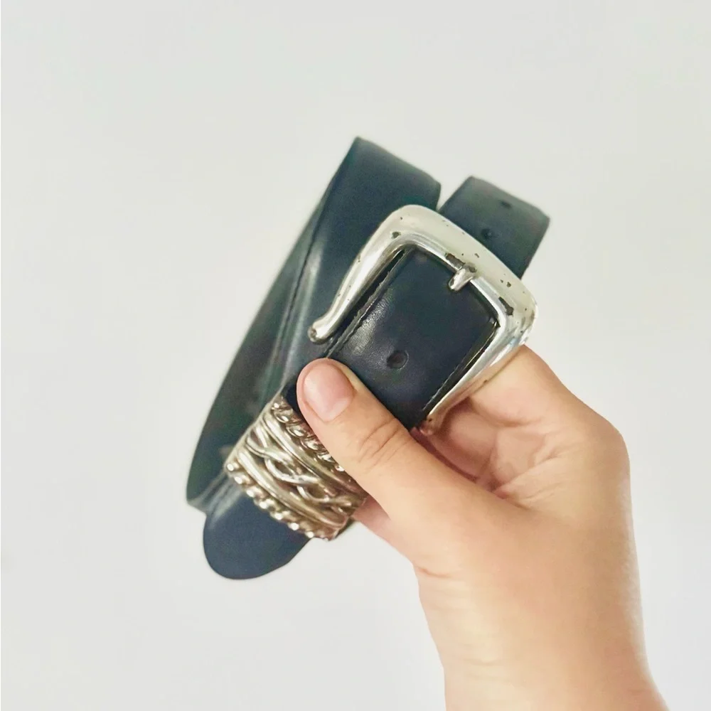 90’s Vintage Brighton chunky silver and navy blue leather belt